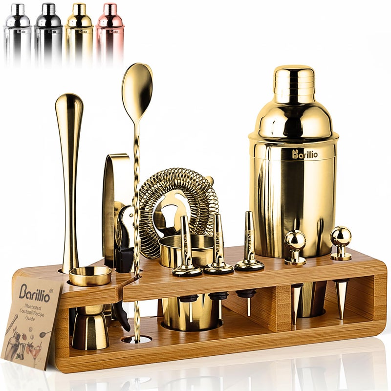 Barillio Gold Bartender Kit - Stainless-Steel Cocktail Shaker Set w/Bamboo Stand - Mixology Bar Tools w/Drink Shaker, Mixer Spoon and Muddler for Cocktails - Home Bar Accessories - 23-Pc Bar Set - Image 1
